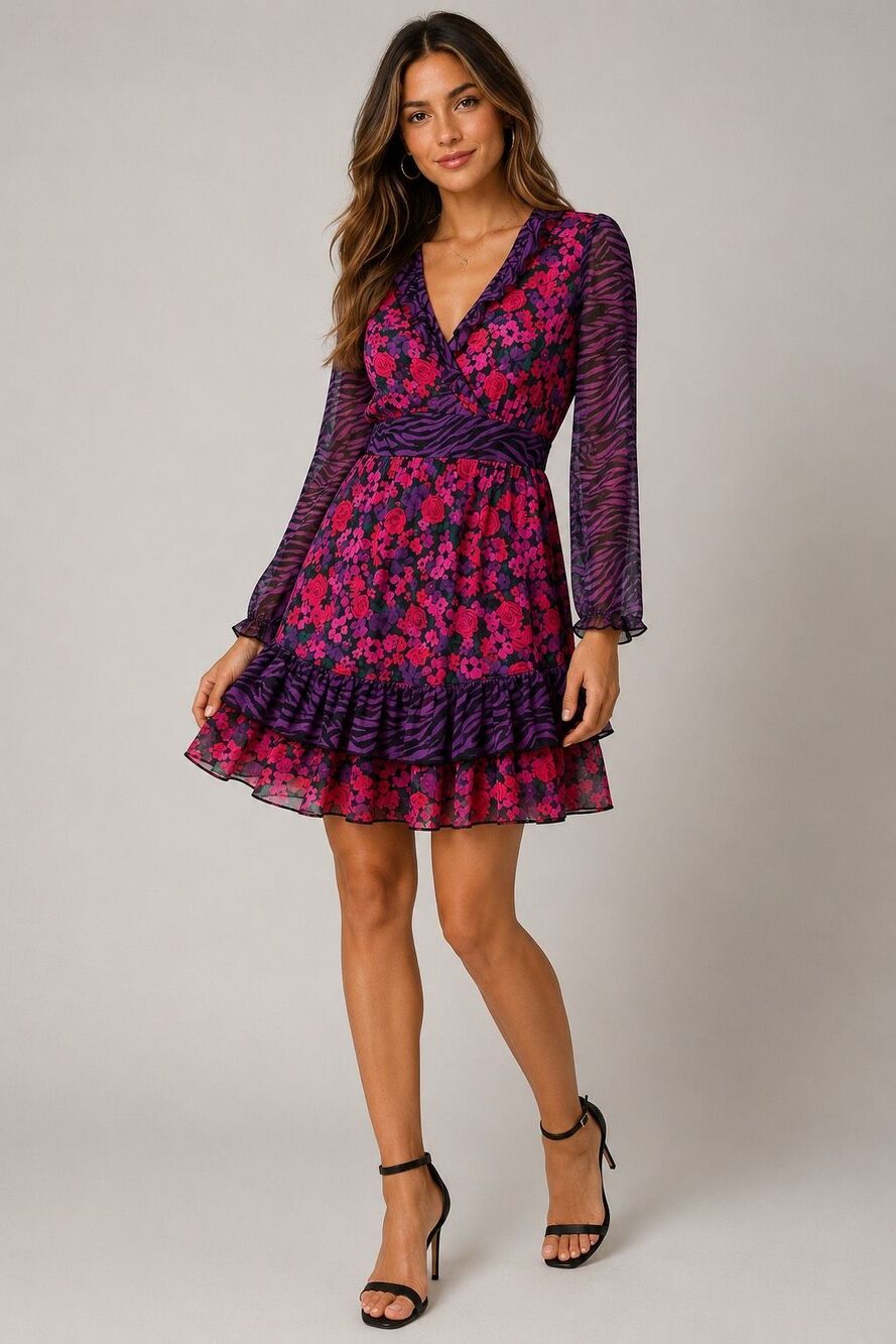 Miss Selfridge Floral Zebra Ruffle Mini Dress Women’s 6 Purple Pink NWT